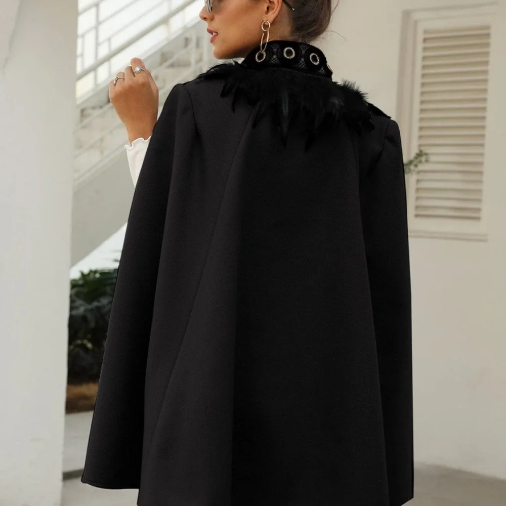 Feather Trim Cape Open Front Evening Jacket Coat - Picture 6 of 11